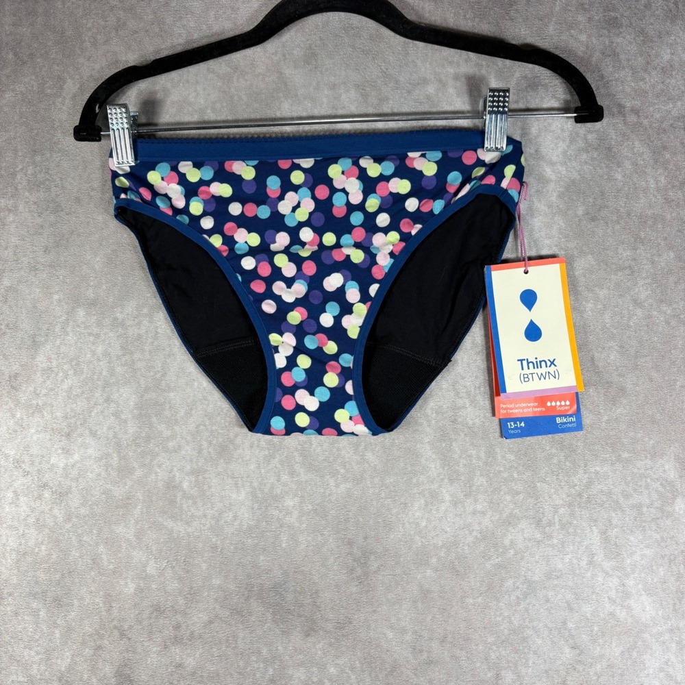 Thinx Period Underwear Girls 13-14 Blue Confetti Bikini Super Absorbency NEW
